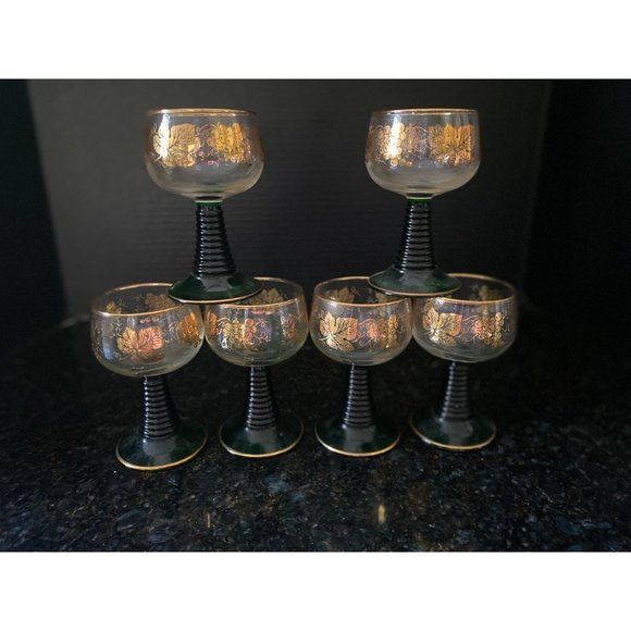 Wine Glasses, 4 3/8" Etched Gold Grapes with Green Beehive Stem, French, Qty. 6 - Picture 8 of 8